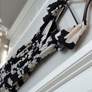 Anthropologie Black and Ivory Floral Print  Maxi Dress with Open Low Back